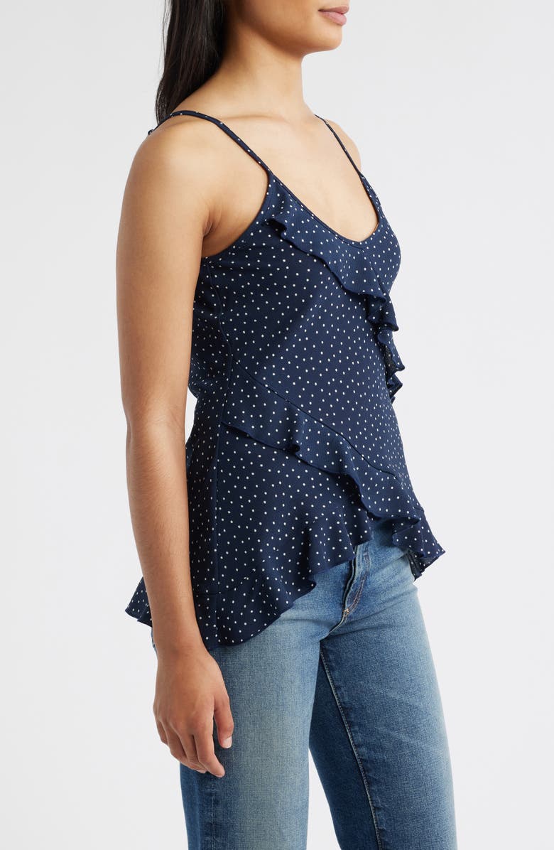 Loveappella Polka Dot Ruffle Crepe Camisole, Alternate, color, Navy