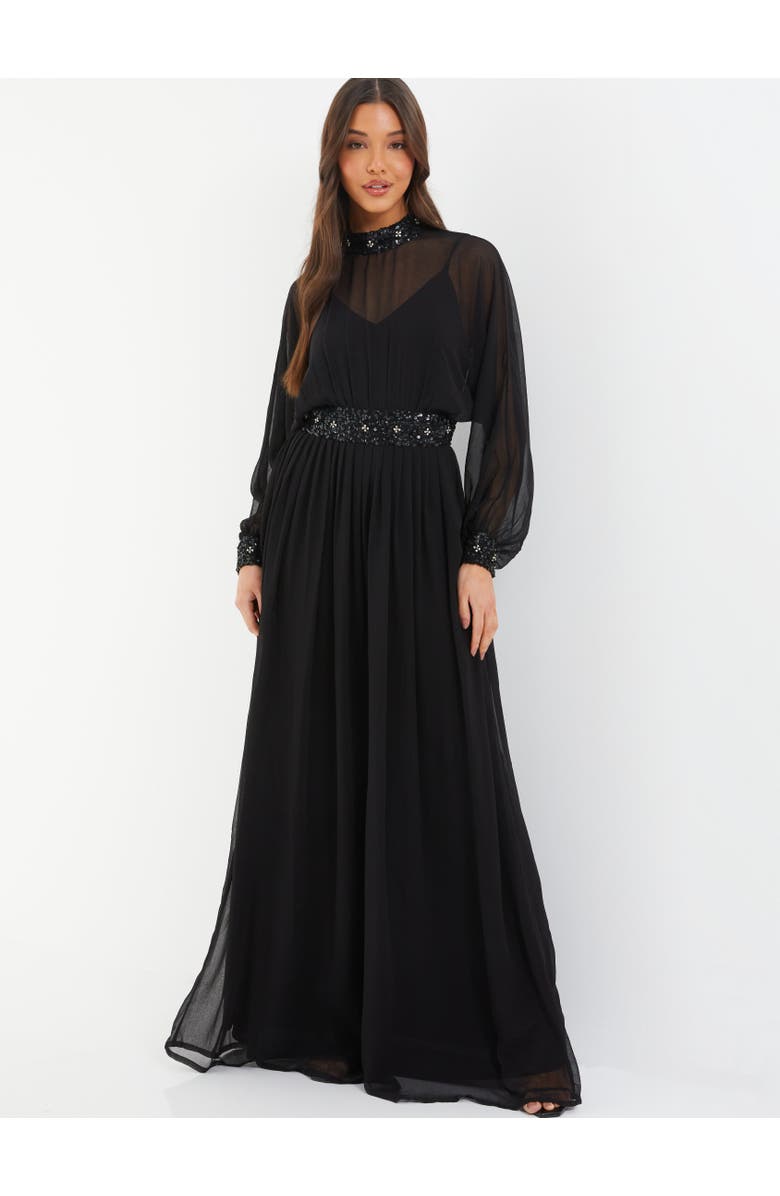 QUIZ Chiffon Sequin Trim Evening Dress, Main, color, Black