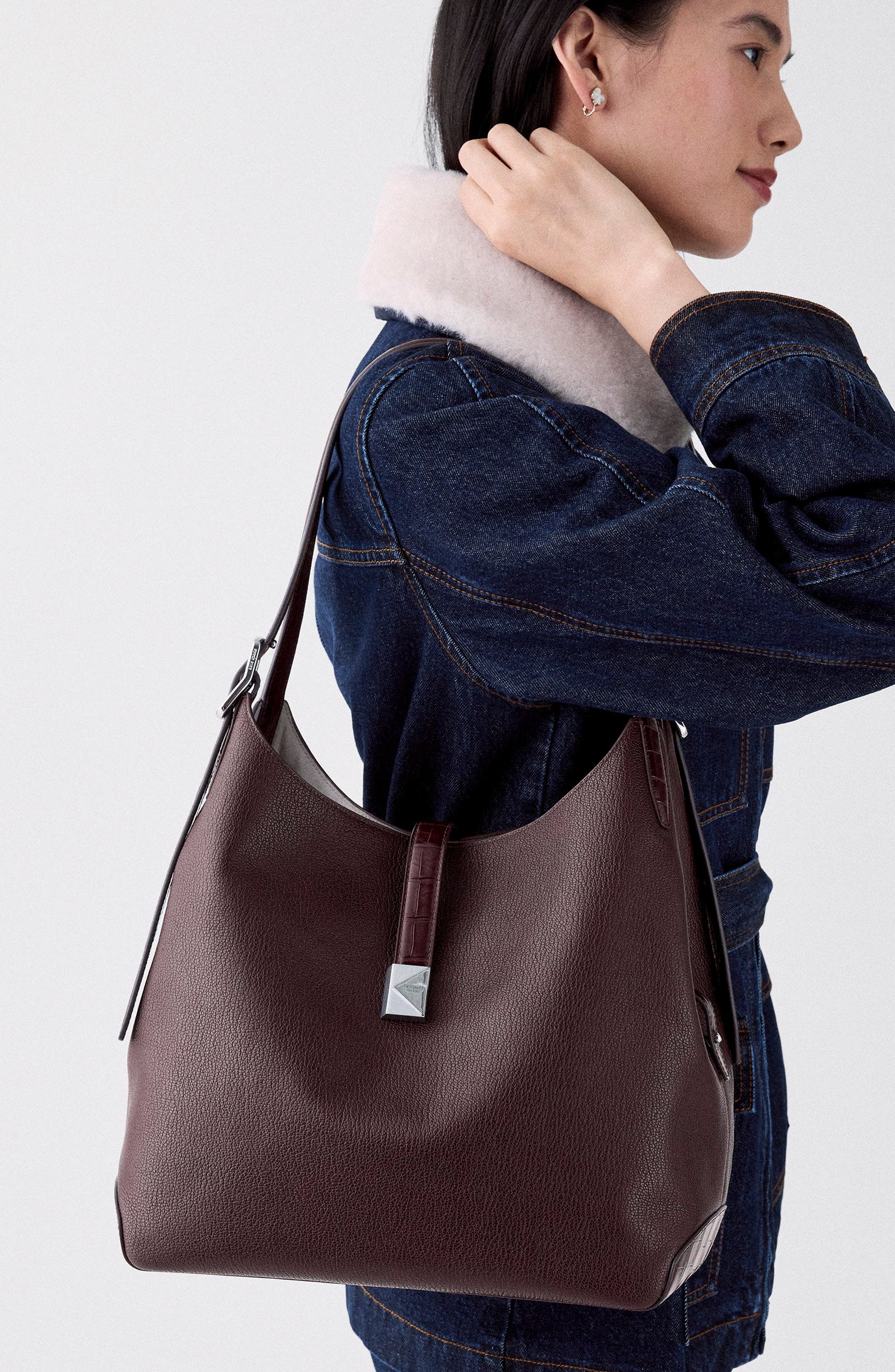 Deco Croc Embossed and Pebbled Leather Shoulder Bag, Alternate, color, BLACKBERRY JAM