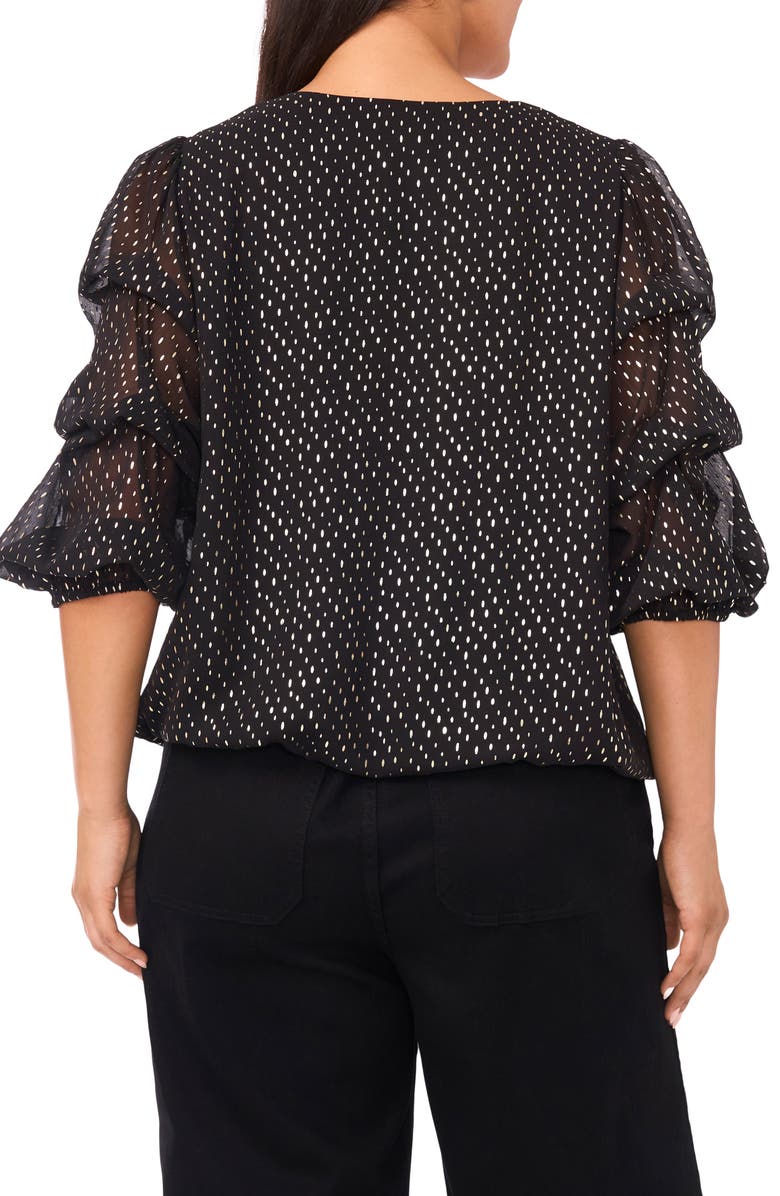 Vince Camuto Metallic Dot V-Neck Bubble Sleeve Top, Alternate, color, Rich Black
