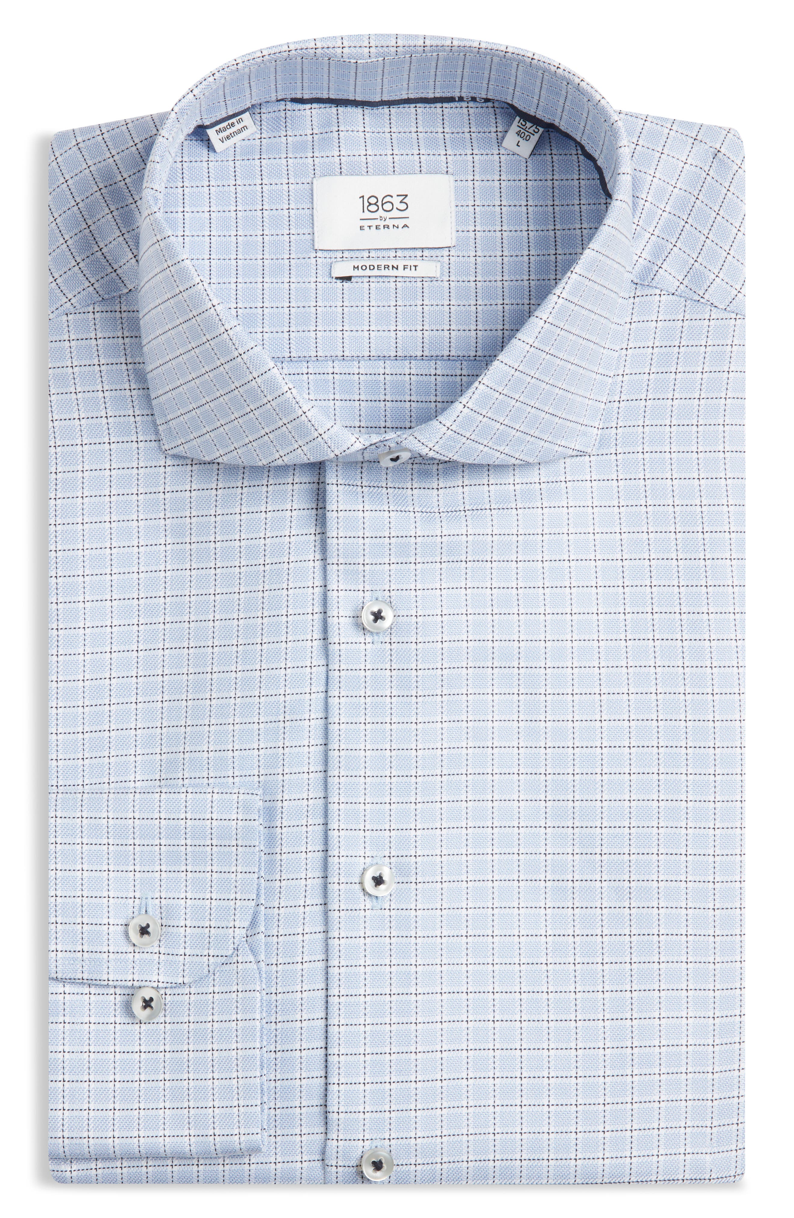 1863 By Eterna Modern Fit Check Non-iron Cotton Twill Dress Shirt In Blue
