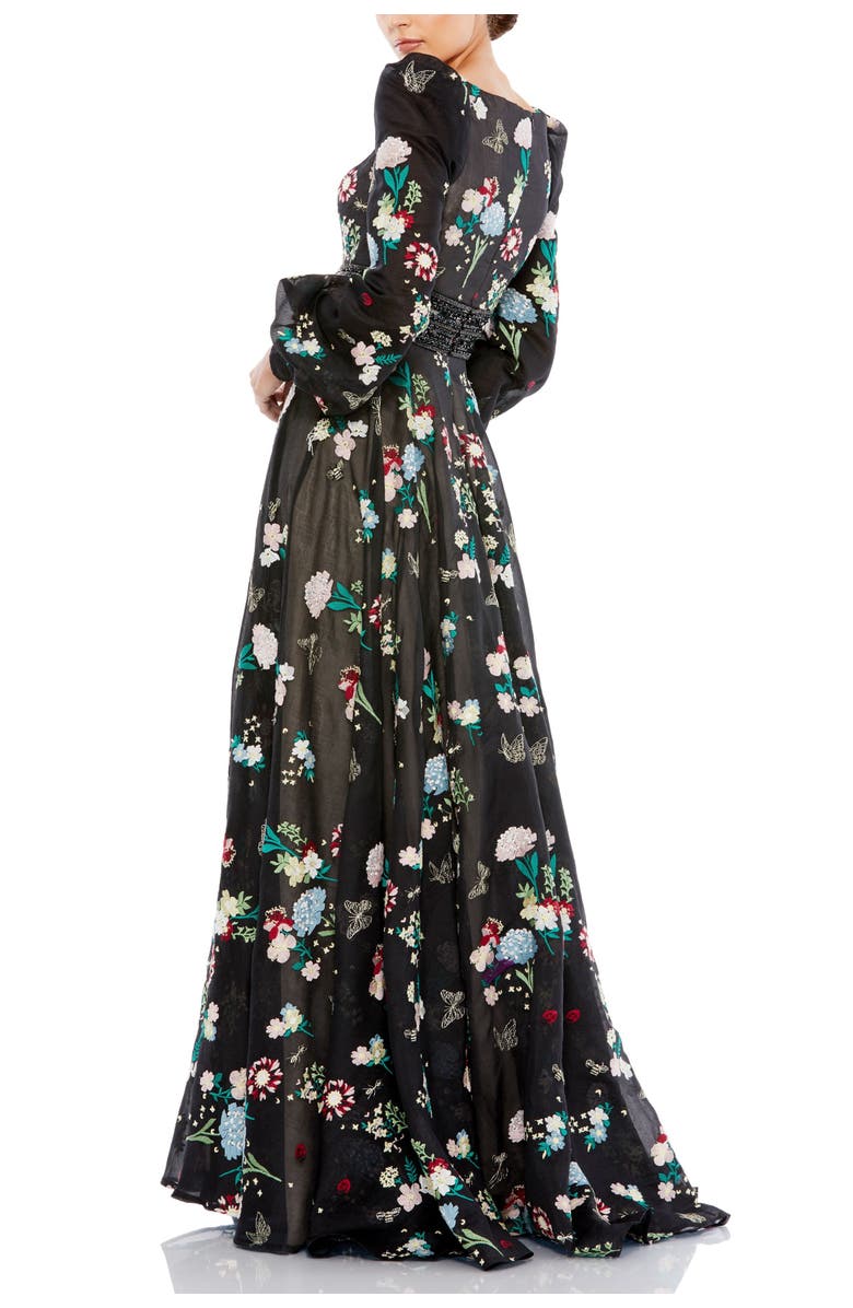 Mac Duggal Floral Embroidered Gown with V-Neck, Bishop Sleeves & Beaded Cummerbund, Alternate, color,