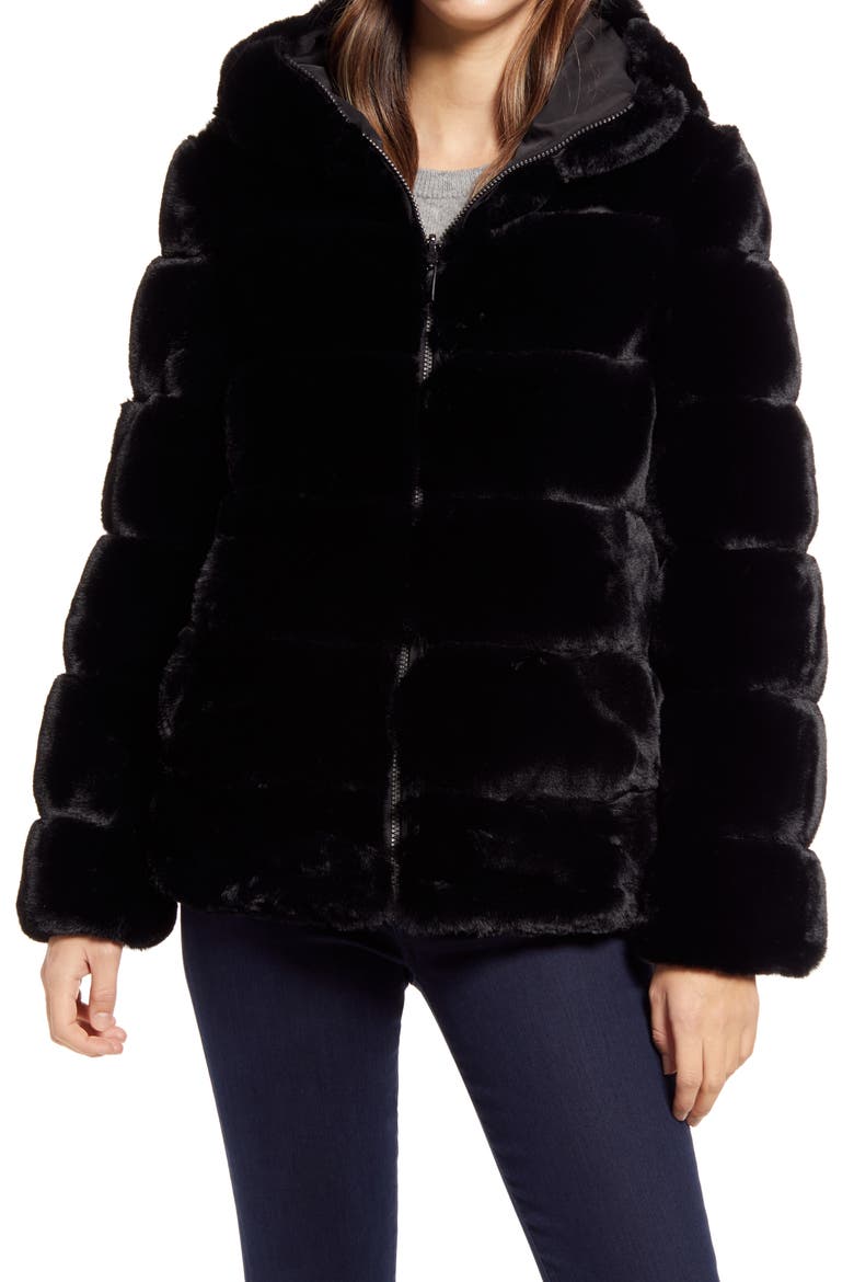 Hooded Faux Fur Coat, Alternate, color, BLACK