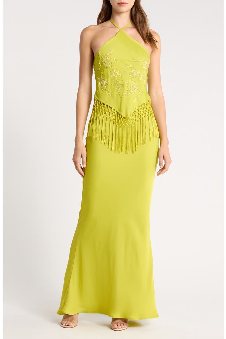 Sareena Bead Embellished Fringe Halter Dress, Alternate, color, PEAR