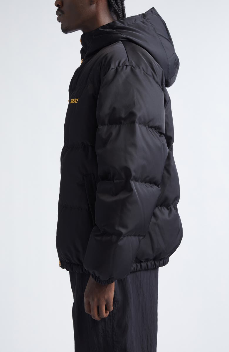 Versace Medusa Logo Embroidered Down Puffer Jacket, Alternate, color, Black