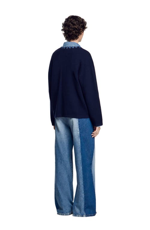 Shop Sandro Cardigan With Denim Details In Navy Blue