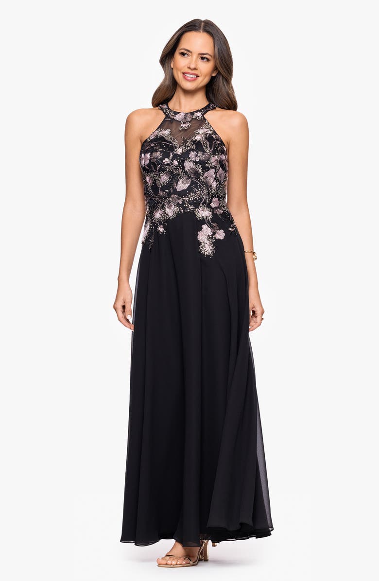 Betsy & Adam Floral Sequin Embroidered Gown, Alternate, color, Black/ Rose/ Gold
