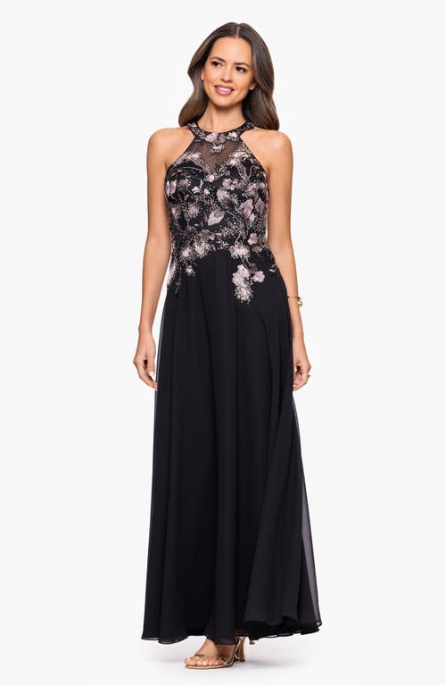 Betsy & Adam Floral Sequin Embroidered Gown In Black