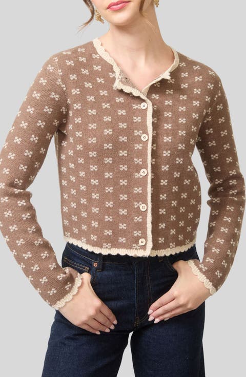 Bow Patterned Scalloped Crop Cardigan