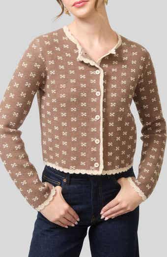 Blu Pepper Bow Patterned Scalloped Crop Cardigan