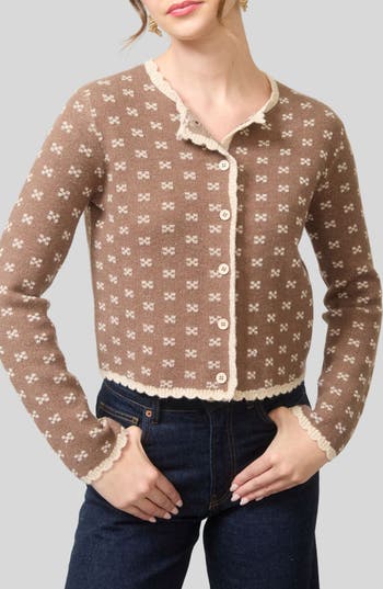 Blu Pepper Bow Patterned Scalloped Crop Cardigan In Brown