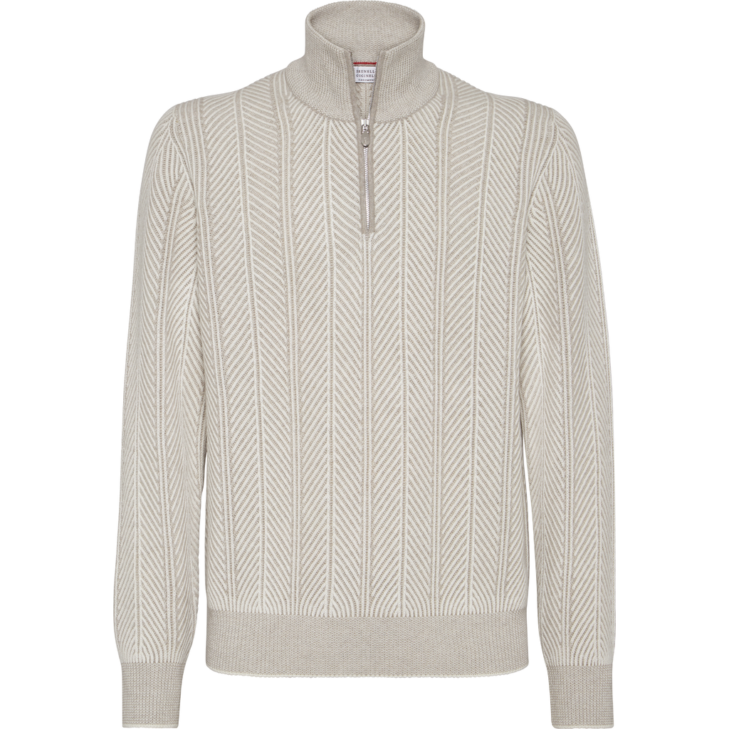 Brunello Cucinelli Herringbone Half-zip Sweater In Neutral