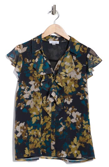 Calvin Klein Cap Sleeve Ruffle Front Button-up Top In Multi