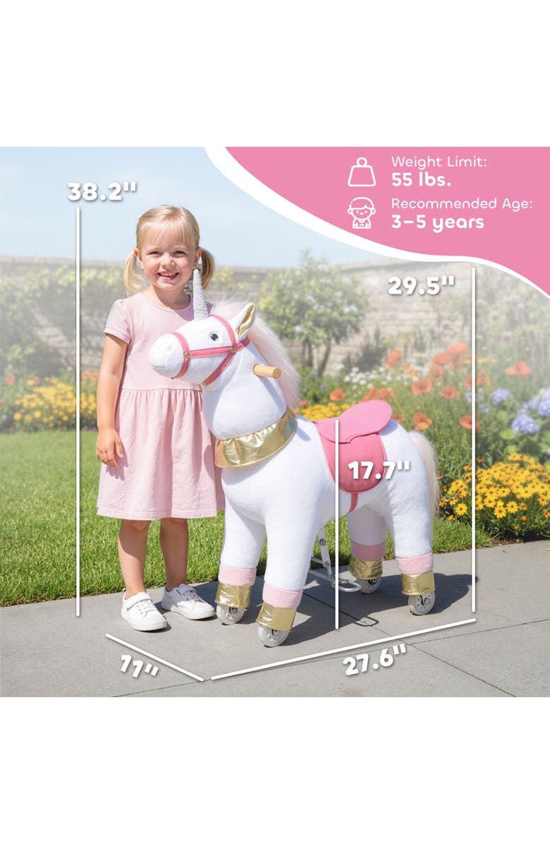 Qaba Ride on Unicorn Toy for Kids Plush Baby Rocking Horse Mechanical Walking Animal with Wheels No Batteries Required, Alternate, color, White