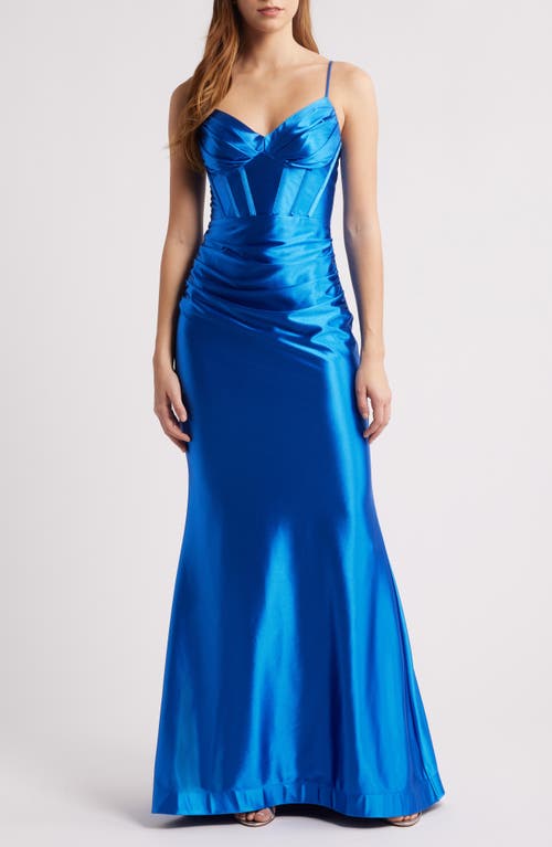 City Studio Satin Trumpet Dress In Saphire
