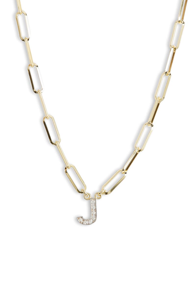 Diamond Initial Charm Paper Clip Chain Necklace, Main, color, YELLOW-J