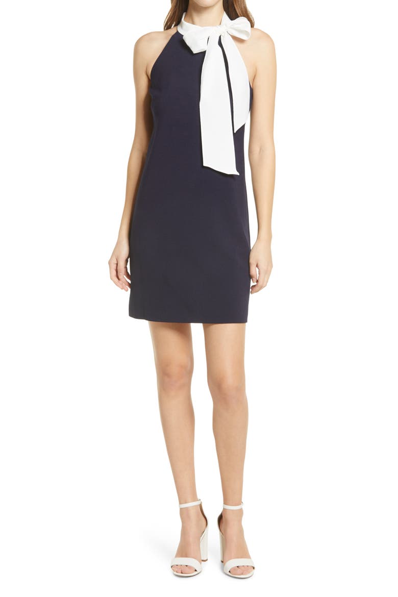 Signature Bow Neck Stretch Crepe Sheath Dress, Main, color, NAVY/ IVORY