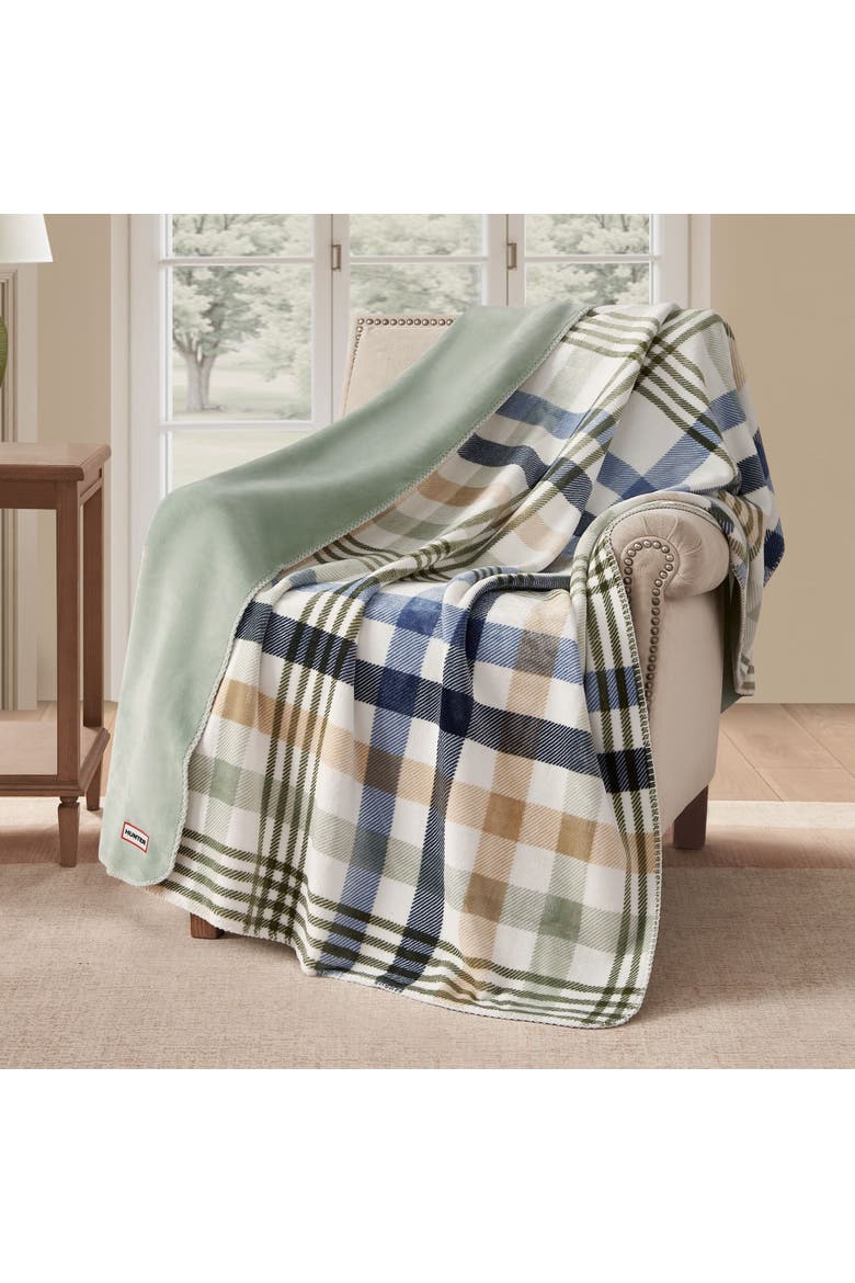 Reversible Plush Throw Blankets, Alternate, color, Sea Foam Bristol Plaid