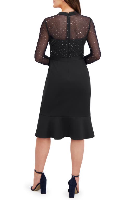London Times Long Sleeve Faux Pearl Illusion Midi Dress In Black