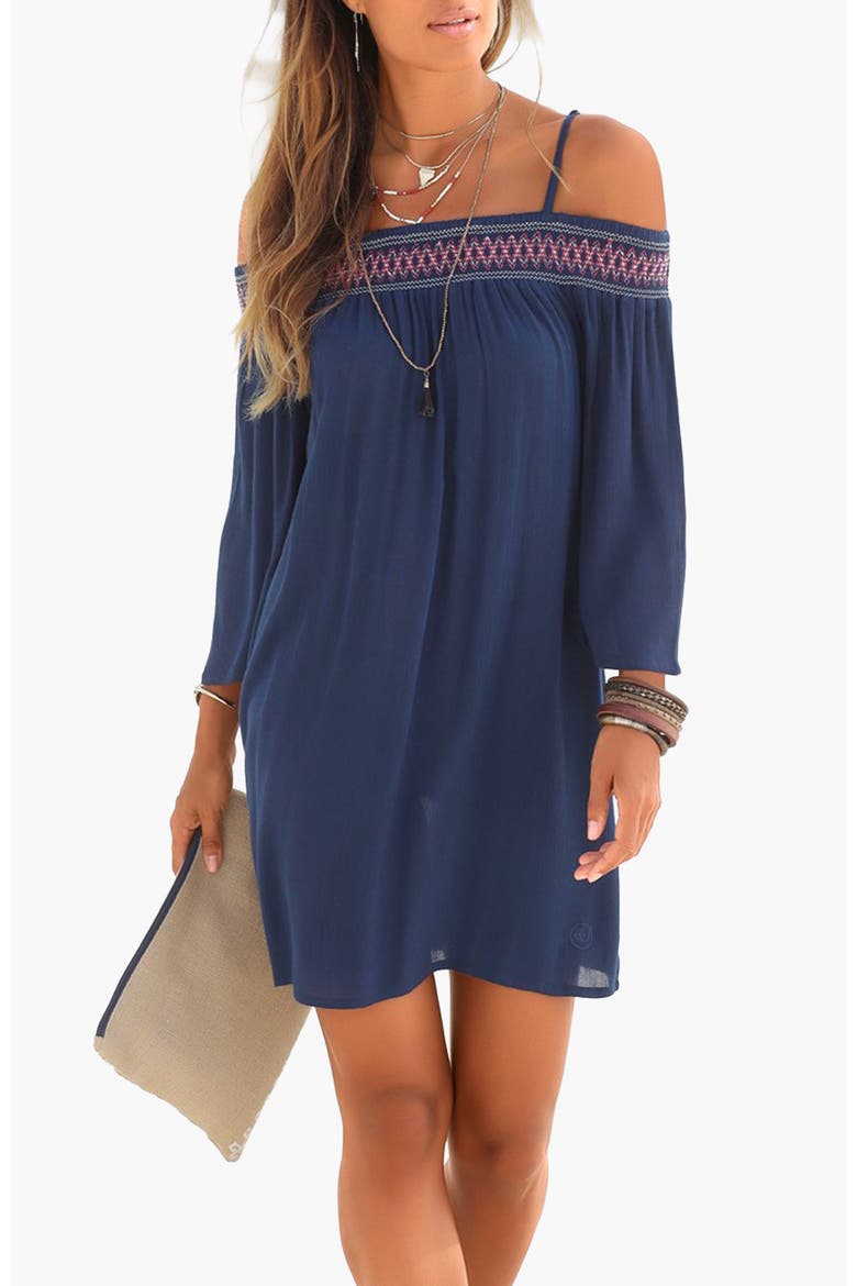 Embroidered Cold Shoulder Dress, Main, color, Navy