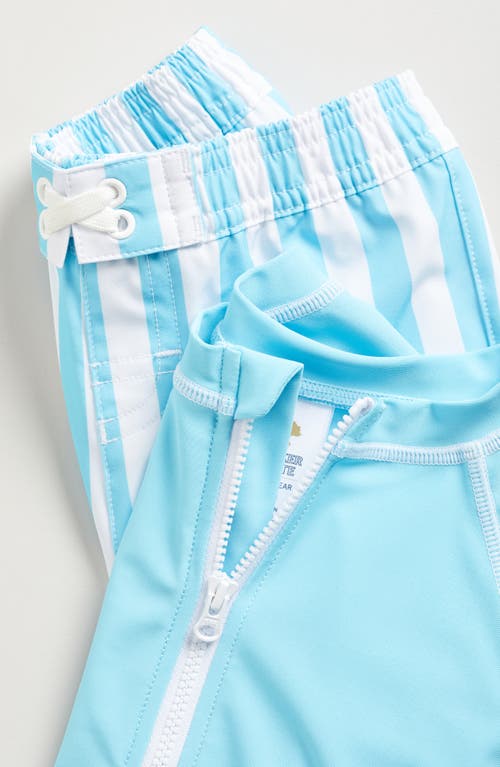 Tucker + Tate Kids' Long Sleeve Rashguard & Swim Trunks Set In Teal Beach Hampton Stripe