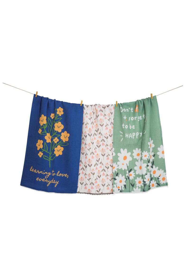 Set of Three Good Vibes Botanical Kitchen Towels, Main, color, ROYAL BLUE/ SAGE