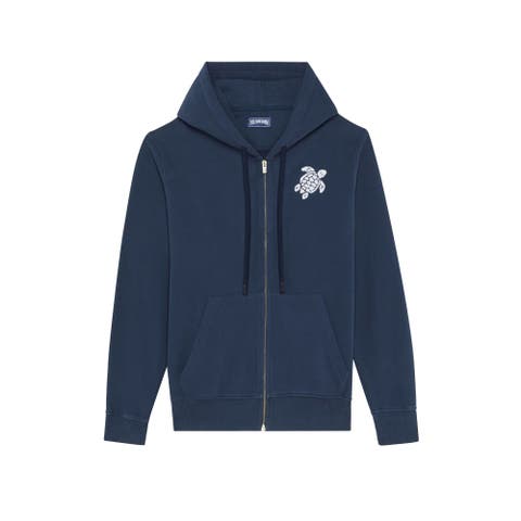 Men Cotton Full Zip Hoodie With Turtle Embroidery