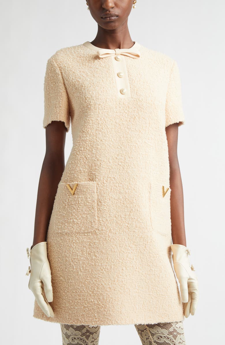 Valentino V-Detail Bouclé Tweed A-Line Dress, Alternate, color, White