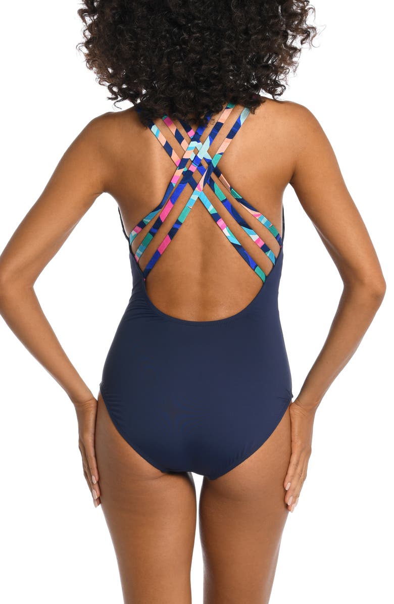 La Blanca Painted Cross Back One-Piece Swimsuit, Alternate, color, 