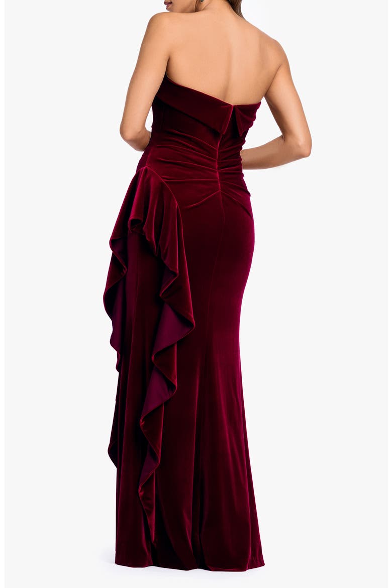 Strapless Ruffle Stretch Velvet Gown, Alternate, color, BURGUNDY