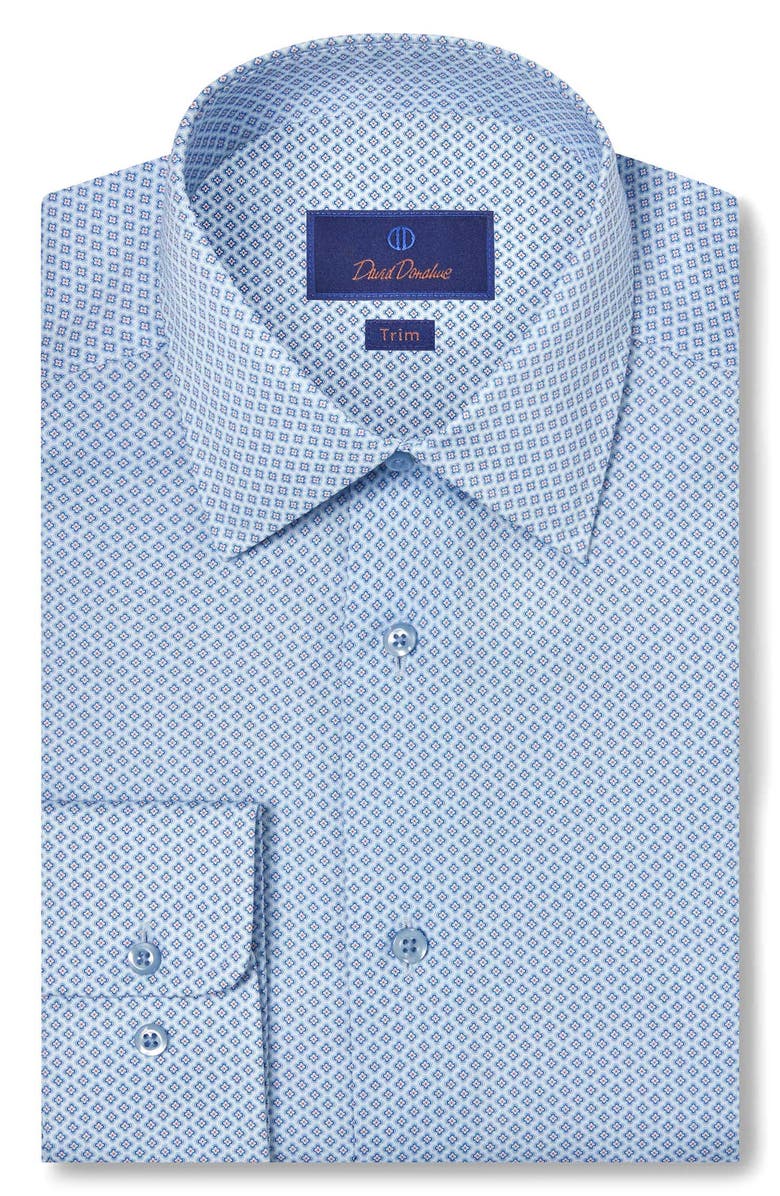 David Donahue Trim Fit Twill Neat Print Dress Shirt, Main, color, Blue/ Melon