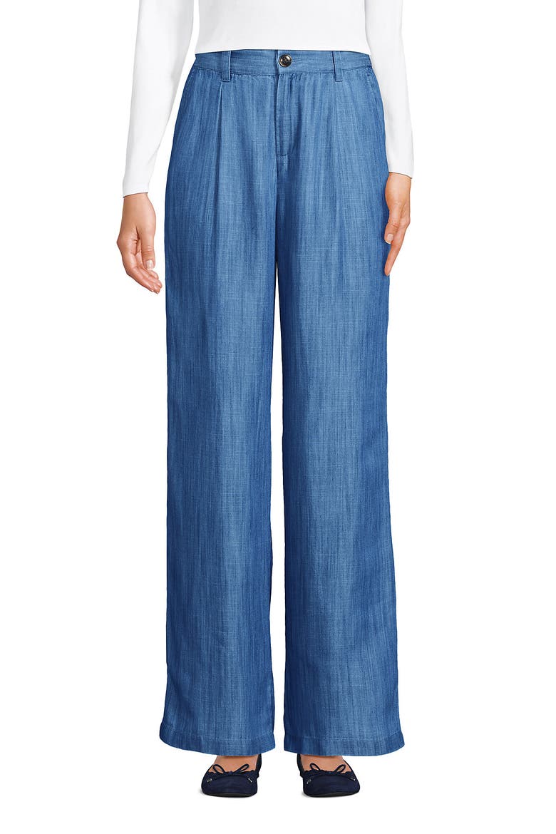 High Rise Elastic Back Pleated Wide Leg Pants made with TENCEL Fibers, Alternate, color, Soft Indigo
