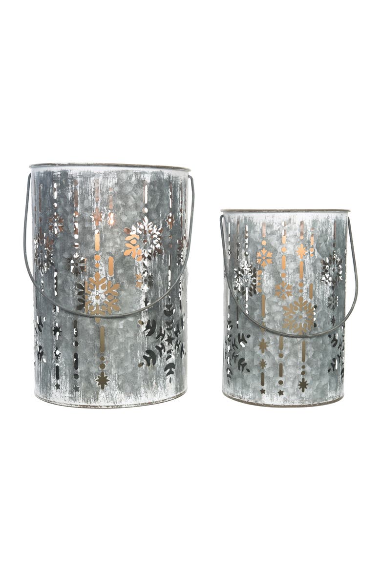 Metal Silver Christmas Debossed Snowflake Candle Holder Set, Main, color, Silver