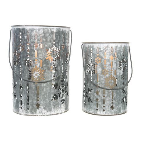 Metal Silver Christmas Debossed Snowflake Candle Holder Set
