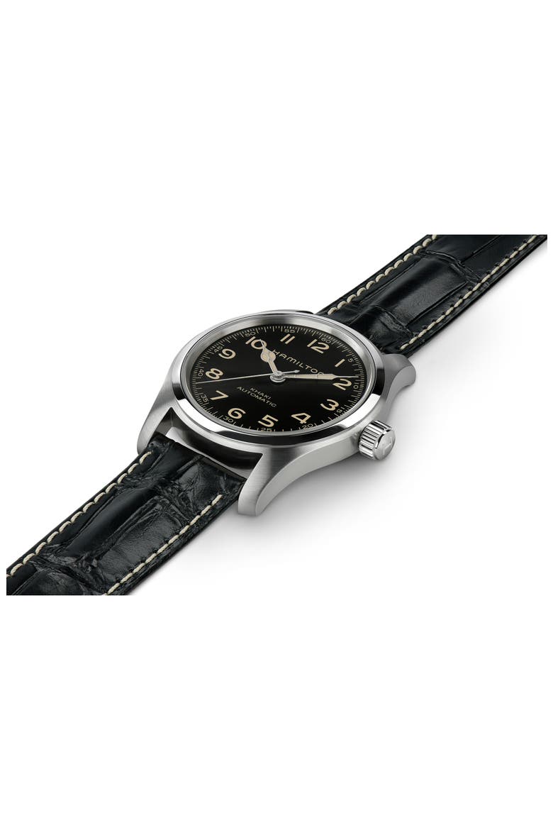 Khaki Field Automatic Leather Strap Watch, 42mm, Alternate, color, BLACK