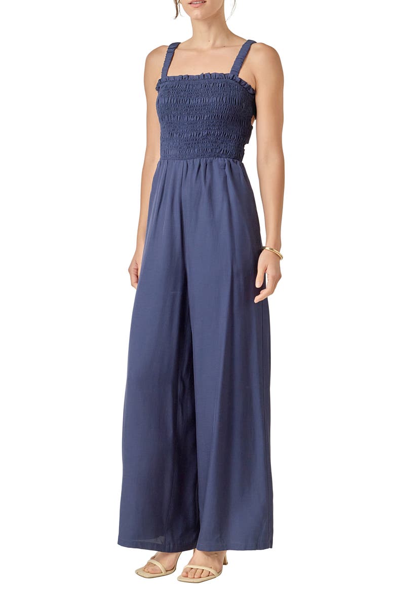 Sleeveless Smocked Jumpsuit, Alternate, color, NAVY