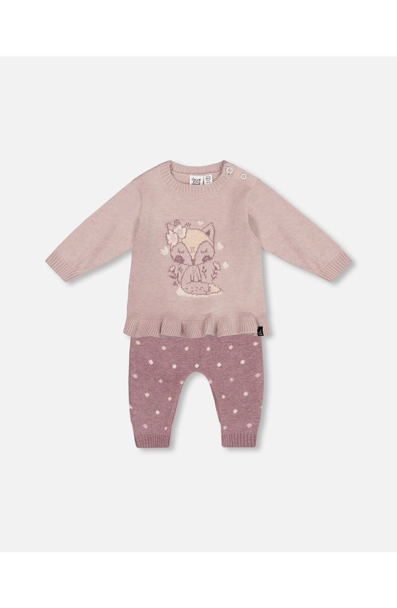 Deux par Deux Baby Girl's Fox Intarsia Top And Knitted Pant Set Woodrose, Main, color, 