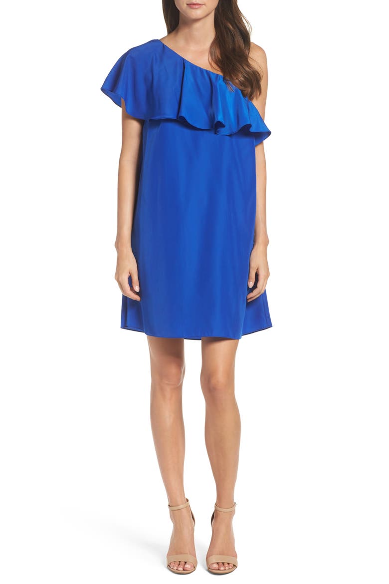 'Zoe' Ruffle One-Shoulder Shift Dress, Main, color, COBALT