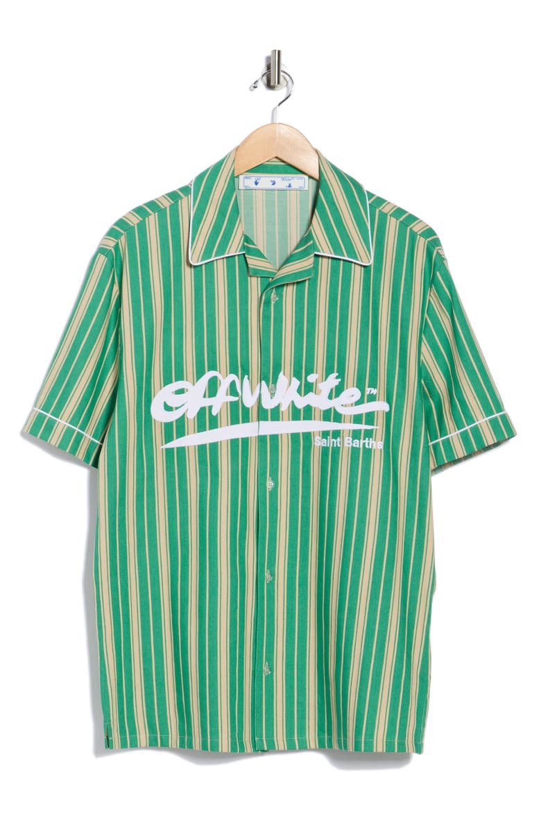 Off-White Stripe Holiday Cotton & Linen Blend Camp Shirt, Alternate, color, White And Green