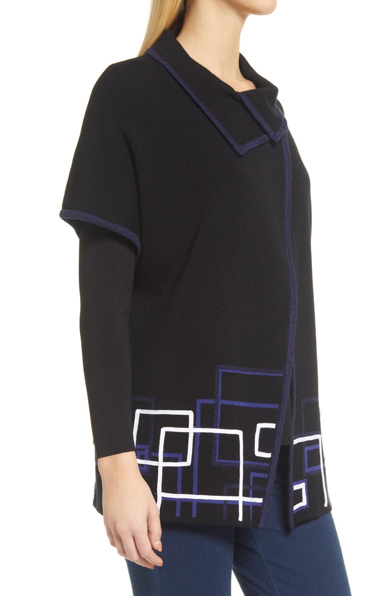 Ming Wang Asymmetric Neck Short Sleeve Geo Print Knit Jacket, Alternate, color, 