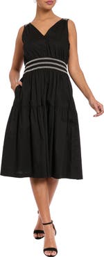 London Times Shirred Stretch Cotton Sundress