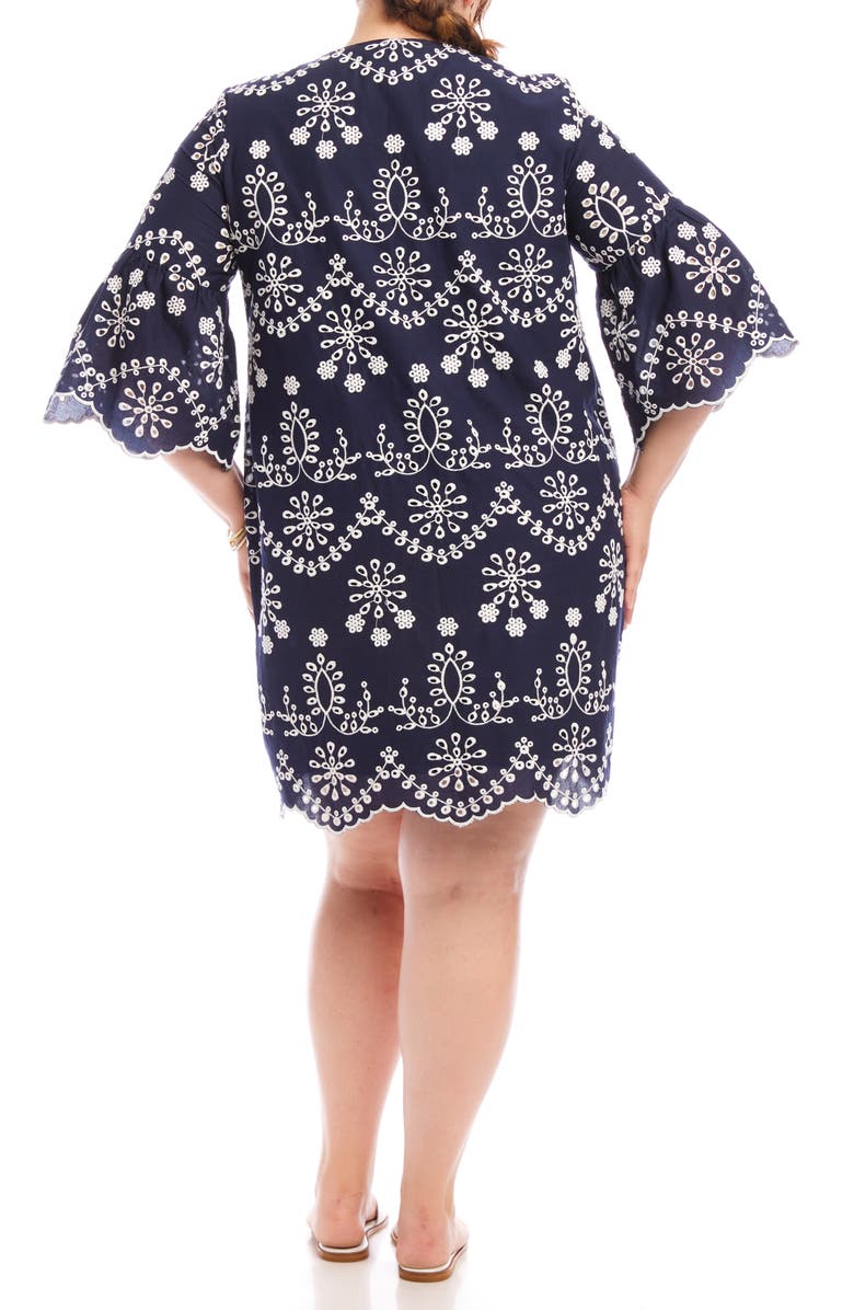 Karen Kane Embroidered Flare Sleeve Cotton Dress, Alternate, color, Navy
