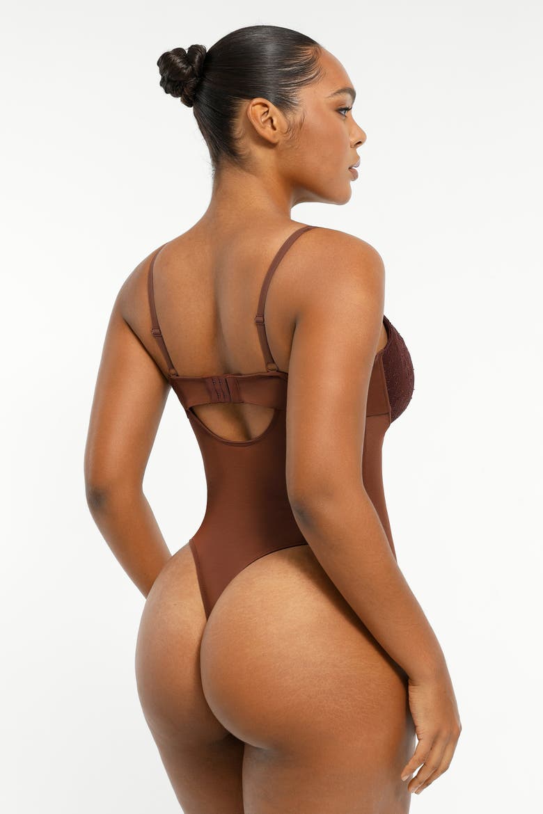 Sheer Lace Mesh Bodysuit with Shaping, Alternate, color, Espresso