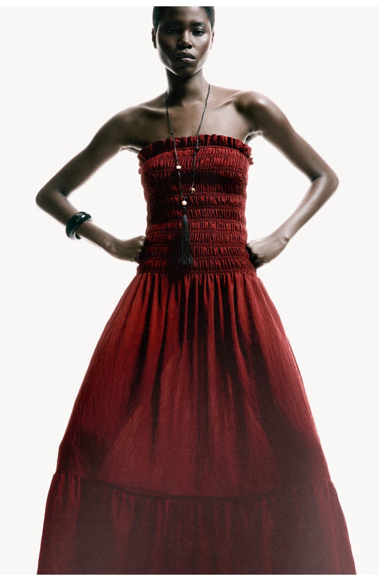 H&M Smocked Bandeau Dress, Alternate, color, Dark Red