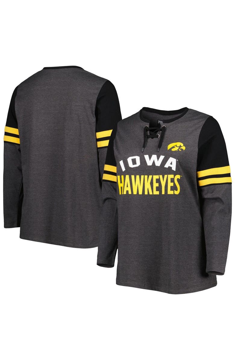 PROFILE Women's Heather Charcoal/Black Iowa Hawkeyes Plus Size Stripe Lace-Up V-Neck Long Sleeve T-Shirt, Main, color, 