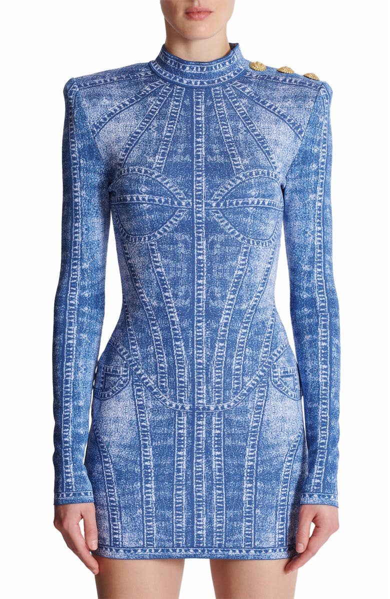 Balmain Short Jacquard Knit Dress With Denim Effect, Alternate, color, Blue