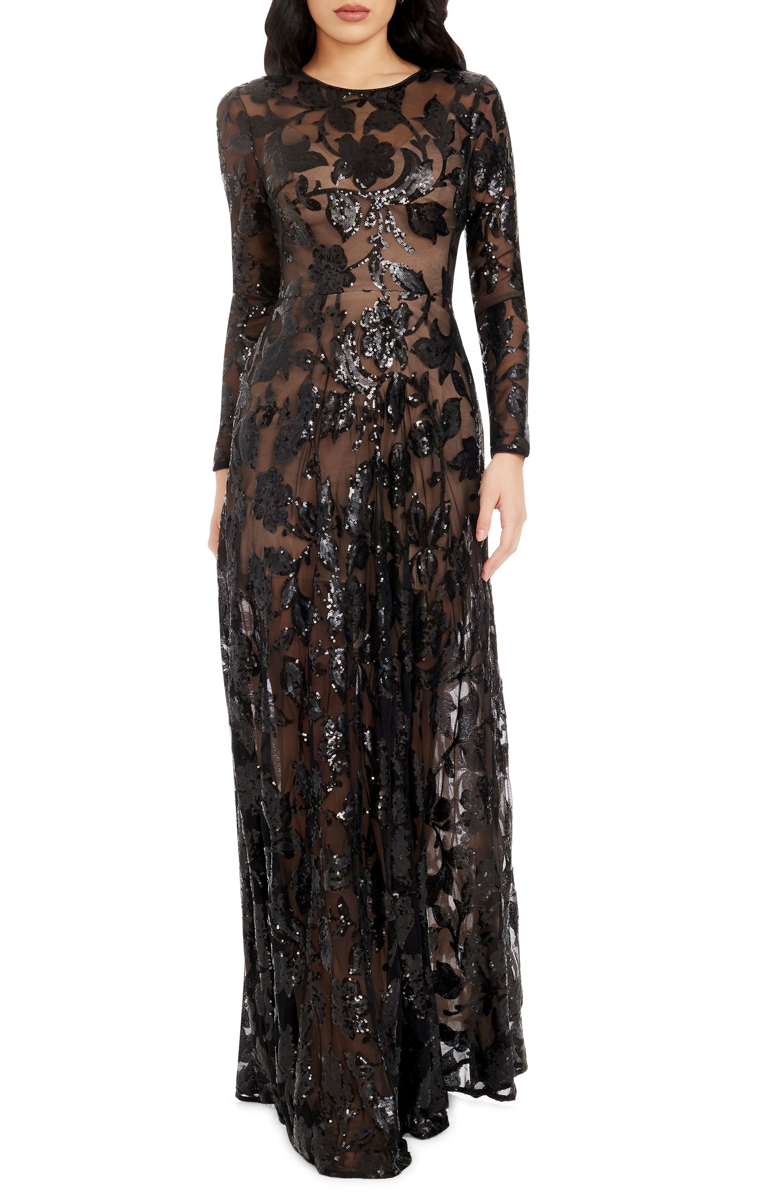 Dress the Population Ava Sequin Floral Long Sleeve A-Line Gown