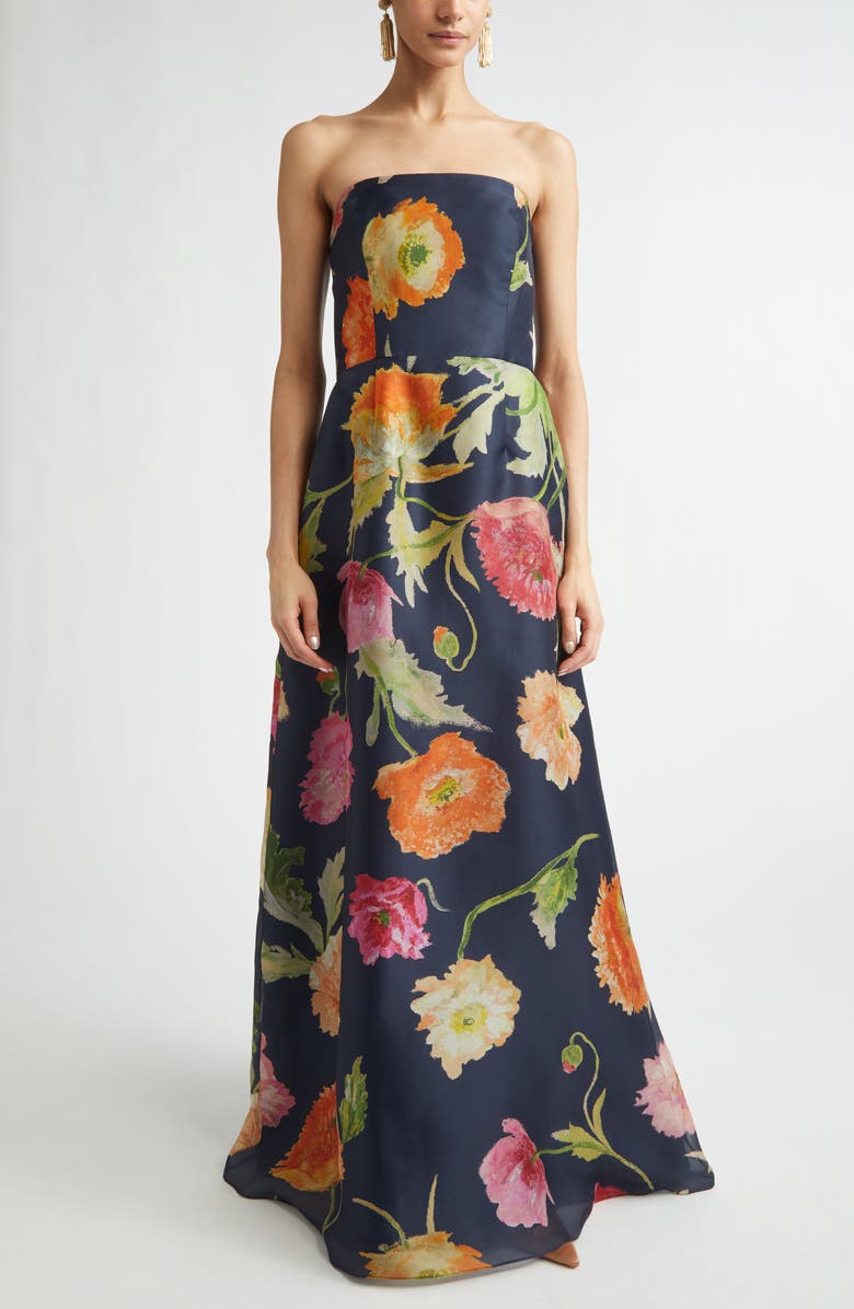 Carolina Herrera Poppy Print Strapless Silk Gown, Main, color, 