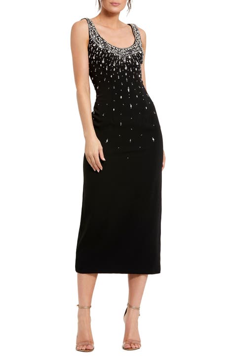 Beaded Crepe Scoop Neck Sleeveless Sheath Midi Dress