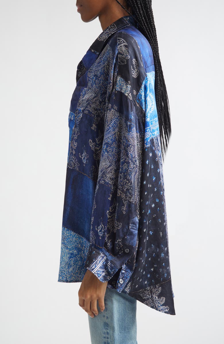 R13 Drop Neck Patchwork Oversize Silk Button-Up Shirt, Alternate, color, Blue Multi Bandana Print